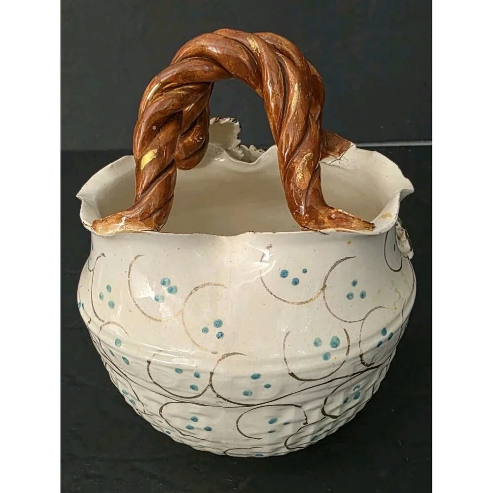 ​Vintage English Pottery Majolica Style Floral Basket Vase Twisted Handle